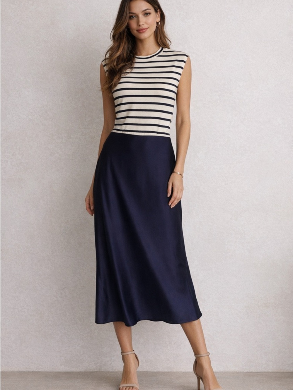Zara Nautical Stripe Midi Dress | Navy & Cream | Structured Shoulder